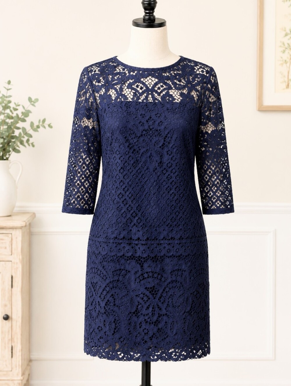 Chic & Trendy LOFT Navy Blue Lace Sheath Dress 3/4 Sleeves Size 2